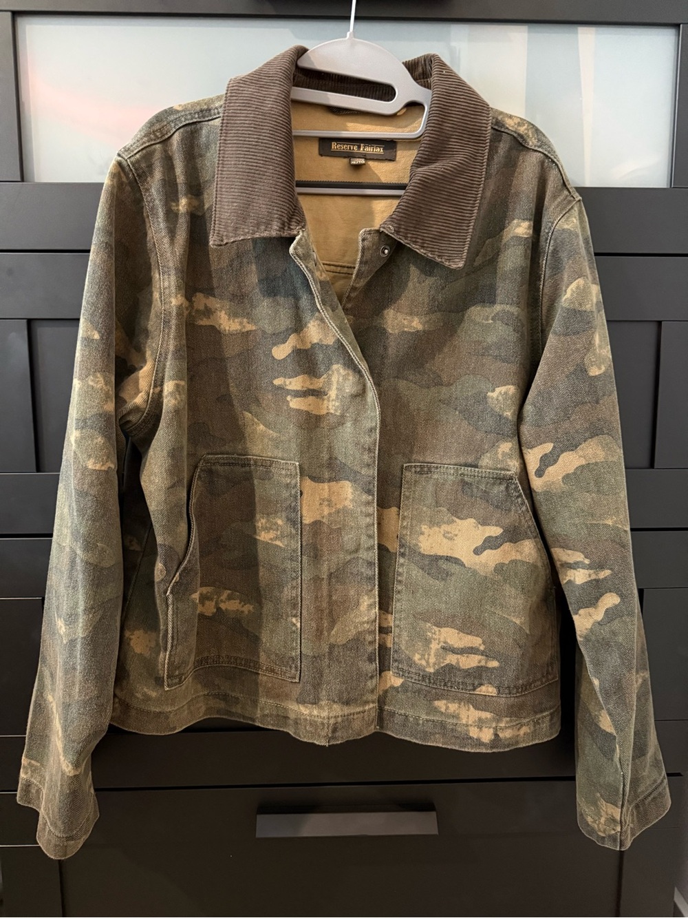 Denim camo print jacket with a corduroy collar